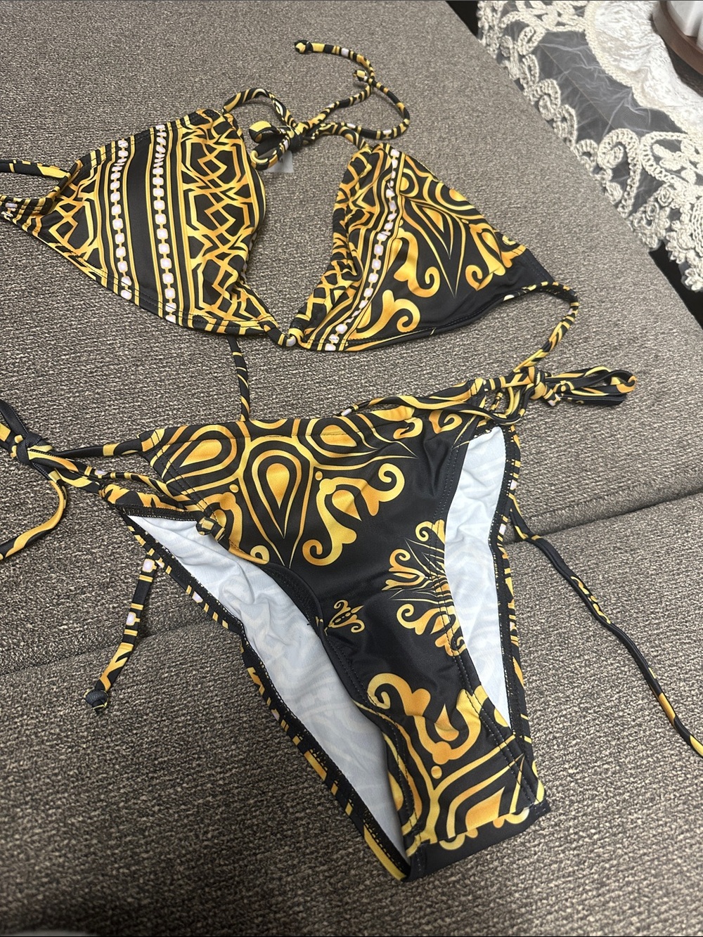 Black & Gold Patterned Triangle Bikini Set